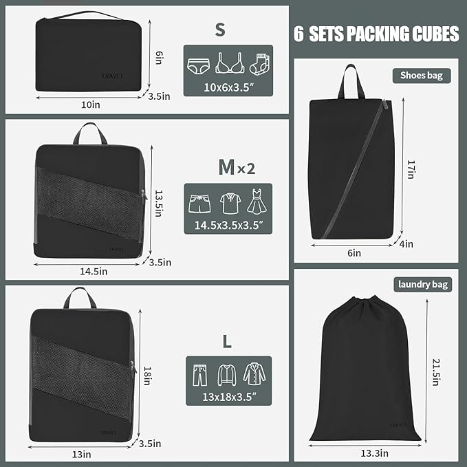 6 Set Compression Packing Cubes For Travel- Effortless Organization&Space Saving Cube For Quick Packing And Unpacking,Travel Must Have Suitcase Essentials For Business Trip,Cruise,Camping,Vacation