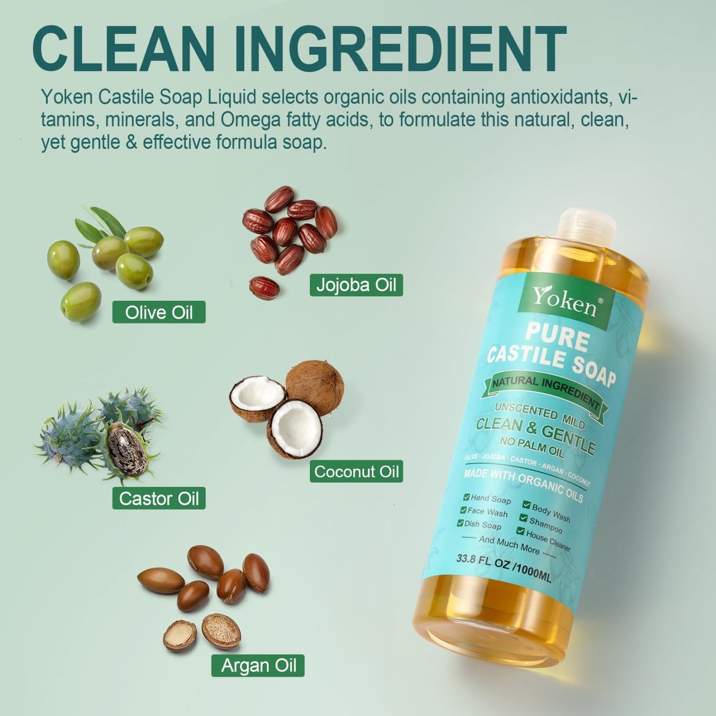 Yoken EWG Verified Castile Soap Liquid Unscented 33.8 fl oz Pure Castile Liquid Cleanser Made With Organic Oil, Clean & Gentle, Natural Castor Oil Soap for Body Wash, Hand, Dishes, Laundry