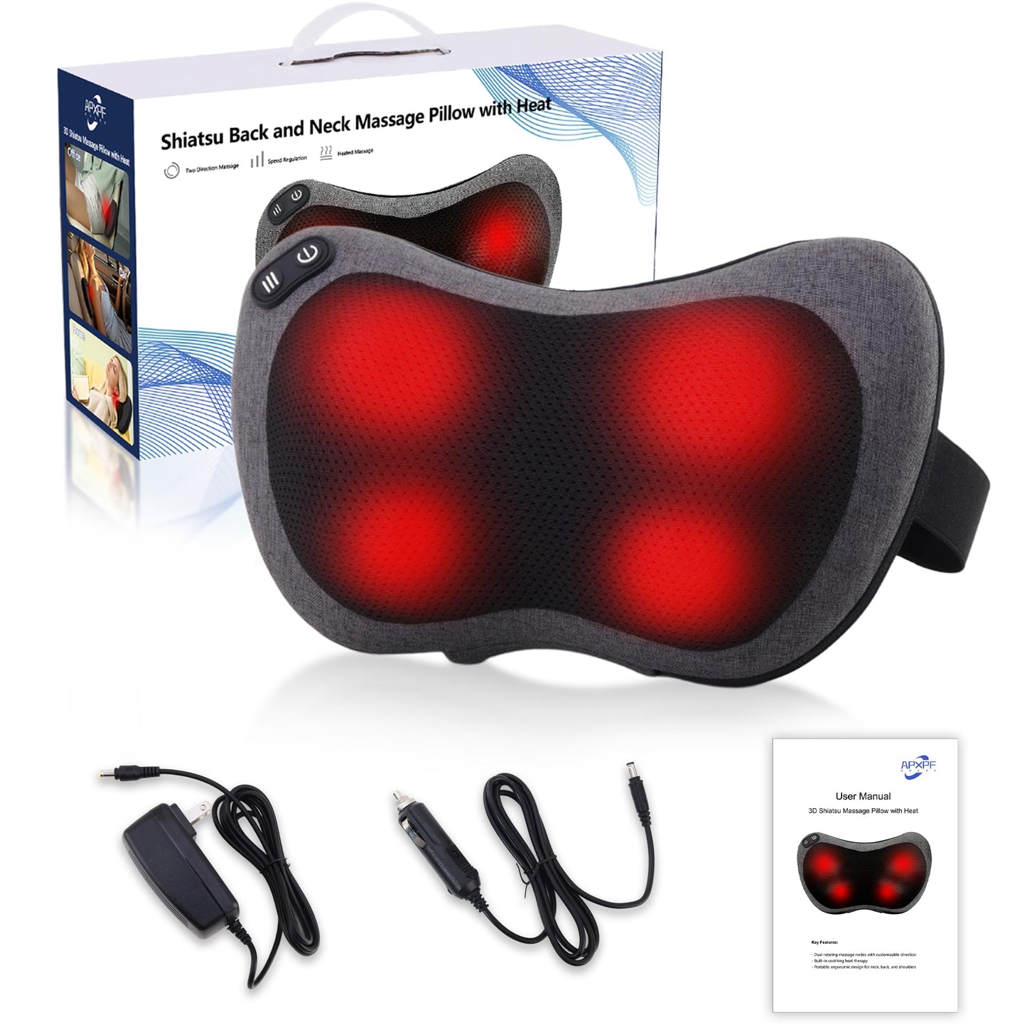 APXPF Shiatsu Neck and Back Massager with Heat - Deep Tissue Massage Pillow for Neck, Back & Shoulders Pain Relief, Ergonomic Design Electric Massager for Home, Car, Office Use, Gray