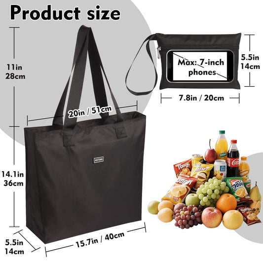 AOTIAN Heavy Duty 20 Liter Reusable Grocery Bags, Thickened Tear-Resistant Polyester Fabric Foldable Machine Washable Shopping Bags, Zipper Closure Water-Resistant Large Tote Bag Travel Gym Beach Bag