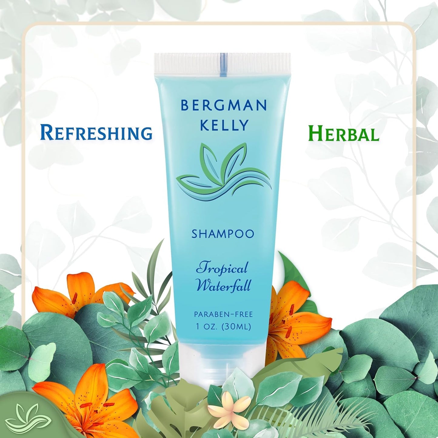 BERGMAN KELLY - Travel Size Hotel Shampoo - 1 fl oz, 200 PK, Tropical Waterfall - Delight Your Guests with Revitalizing & Refreshing Hair Cleanser for Guest Hospitality - Bulk Small Size Shampoo