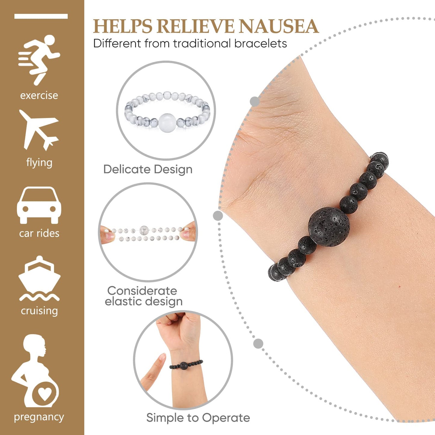 Yinkin 4 Pcs Anti Nausea Wristband Adjustable Acupressure Motion Sickness Bracelet Wristband Anti Dizzy Bracelet for Relieving Nausea Morning Car Travel Sickness(Elegant Style)