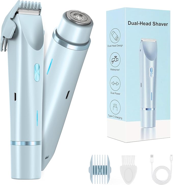 Bikini Trimmer for Women-2 in 1 Dual Head Electric Razors,IPX7 Waterproof Bikini Electric Shaver,Dry & Wet Use Painless Bikini Shaver,Pubic Hair Trimmer for Private Area & Body Hair,Blue