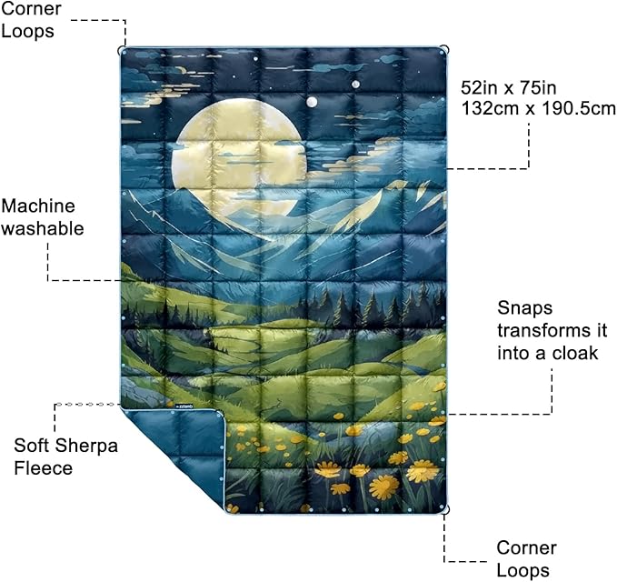 zzlamb Camping Blanket, Outdoor Lightweight Travel Blanket Puffy Portable Down Alternative, Windproof Warm Cloak with Snaps, Cozy Quilt Backpacking Picnic RV Plane Car Hammock Beach Climbing