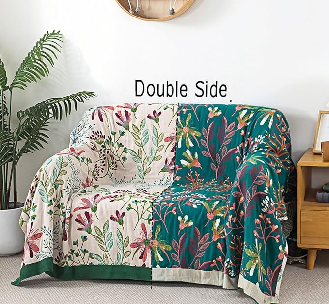 Boho Throw Blanket 100% Cotton, Green Grass Muslin Large Queen Size Quilt Blanket for Bed, Sofa, Couch, Farmhouse Decor Bed Blankets, All Season Rustic Throw Blanket