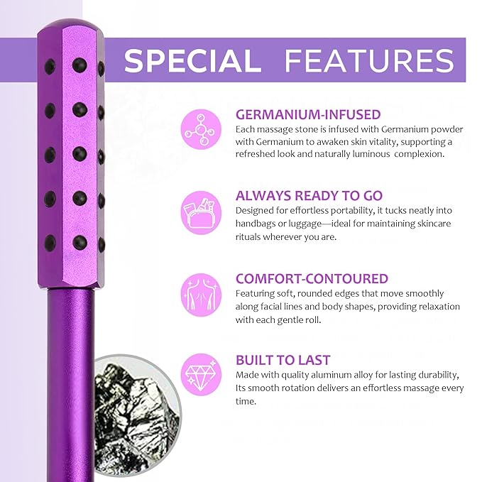 4-in-1 Germanium Stone Face Massager Beauty Roller for Up Lifting and Skin Care, Anti-Aging Beauty Tool with 3 Replaceable Heads - Jade Stone, Stainless Steel and 0.25mm Microneedle