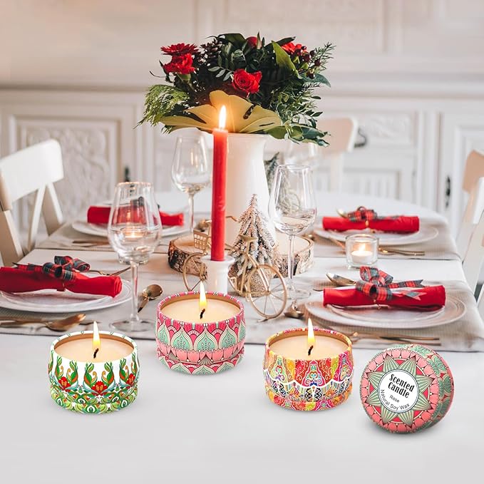 3 Packs Rose, Vanilla and Orange Scented Candles Christmas Gift Set for Women, Small 2.5oz Decorative Natural Soy Wax Aromatherapy Candles in Cute Travel Metal Tin for Home Mother's Day