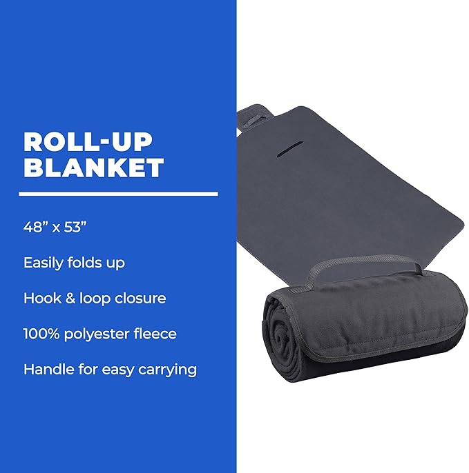 25 Ct of Roll-Up Blankets for Camping, Travel, Outdoors, Beach, Picnics – Charcoal – Hook + Loop Closure for Easy Use in Cars & on Airplanes – Customizable for Promotions & Events