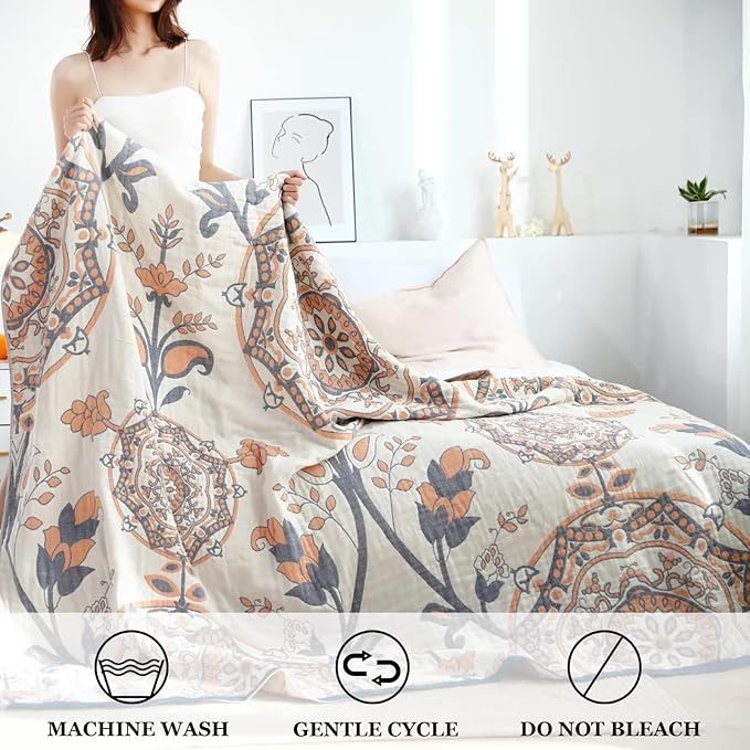 Boho Throw Blanket for Bed 100% Cotton Ultra Soft Rustic Quilt Floral Printed Farmhouse Decor Bed Fall Blanket,80"×90" All Season Rustic Throw for Sofa Couch Chair