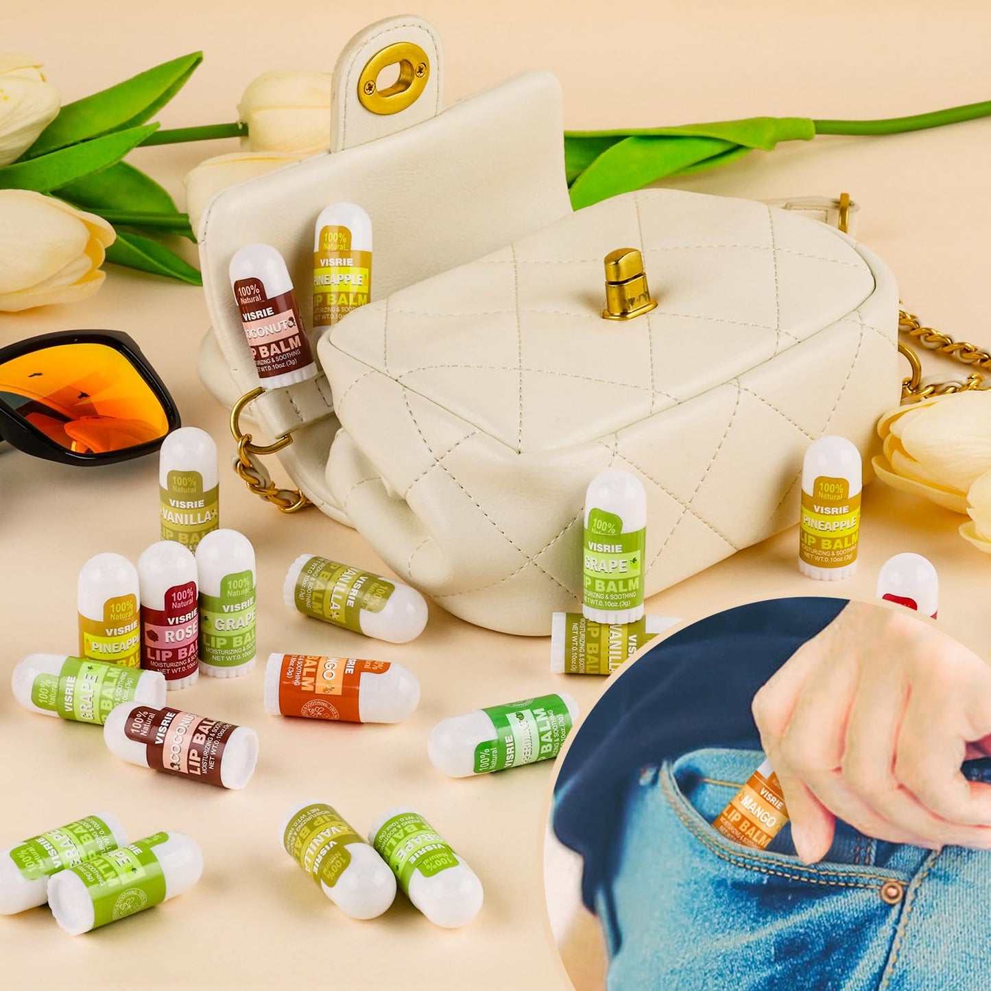 VISRIE Mini Lip Balm 40 Pack, Natural Lip Balms Bulk with Vitamin E and Coconut Oil, Moisturizing Lip Balm for Dry Cracked lips - 10 Flavors