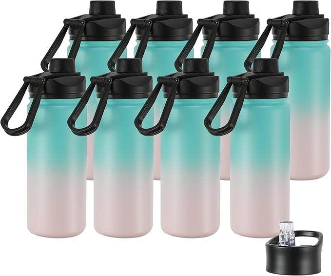 16 oz Insulated Water Bottle with Straw Lids, Stainless Steel Kids Water Bottles for School, Double Wall Vacuum Metal Water Bottle with Straw & Wide Mouth Lid, Bubble Gum 8 Pack