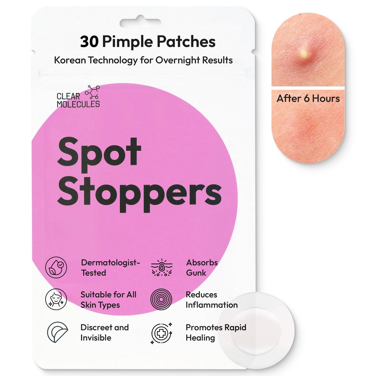 Clear Molecules Spot Stoppers Pimple Patches - Invisible Spot Patches for Acne Treatment, Hydrocolloid Patches for Spot Treatment, Vegan & Cruelty Free Korean Skincare (30 Count (Pack of 1))