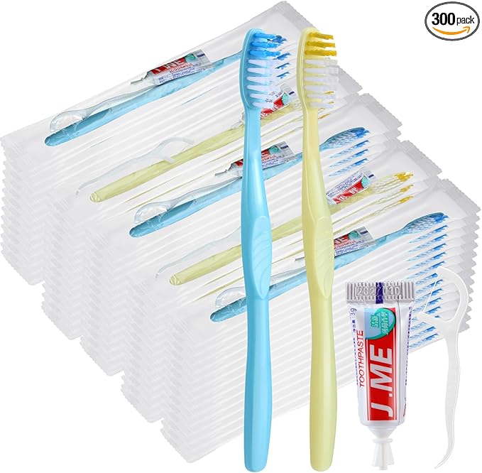 300 Sets Bulk Disposable Toothbrushes Toothpaste Floss Individually Wrapped Dental Floss Pick Kit Homeless Hygiene Kit Bulk Homeless Care Package Supplies for Travel Hotel (Blue,Pink)