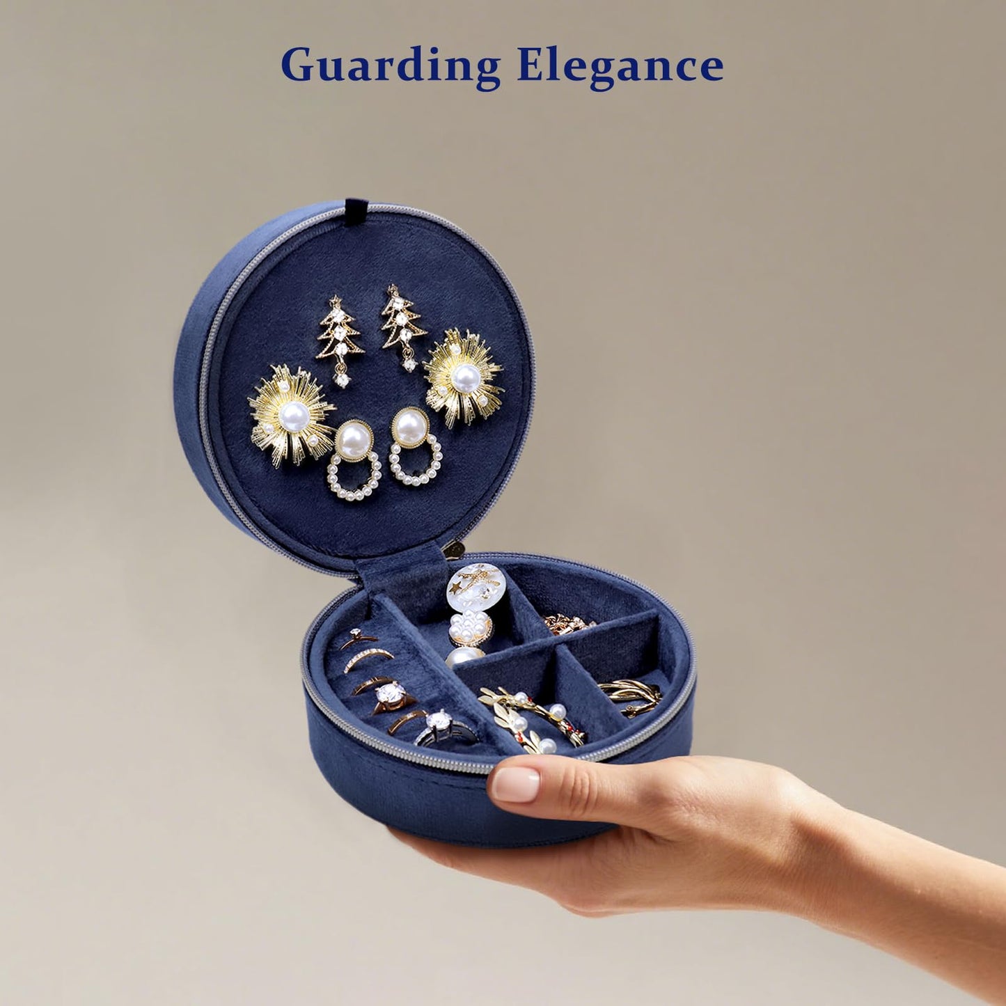 CONBOLA Travel Jewelry Case Small Jewelry Box for Women Girls,Round Velvet Jewelry Travel Organizer,Portable Jewelry Box for Rings Earrings Necklaces Bracelets.(Blue,Large)