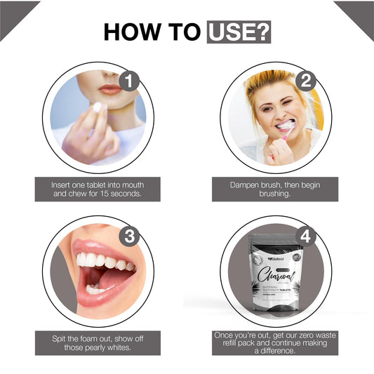 GloBoid Charcoal Toothpaste Tablets with Fluoride Three Month Refill, Zero Waste, Eco Friendly & Plastic Free Toothpaste Tabs, Toothpaste Bites for Travel