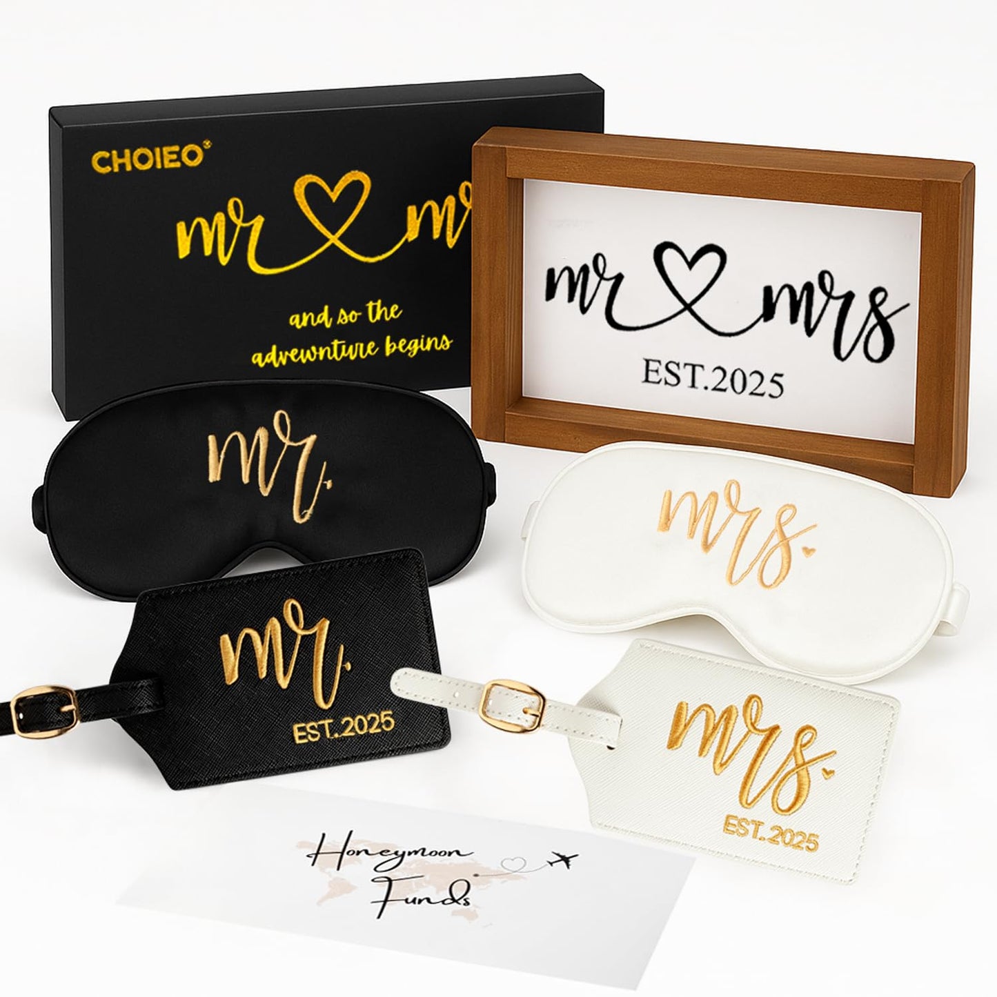 CHOIEO Embroidered Mr Mrs Est 2025 Luggage Tags, Embroidered Sleep Masks, Honeymoon Fund Envelope, Framed Sign, Mr & Mrs Wedding Gift Set (Est 2025)