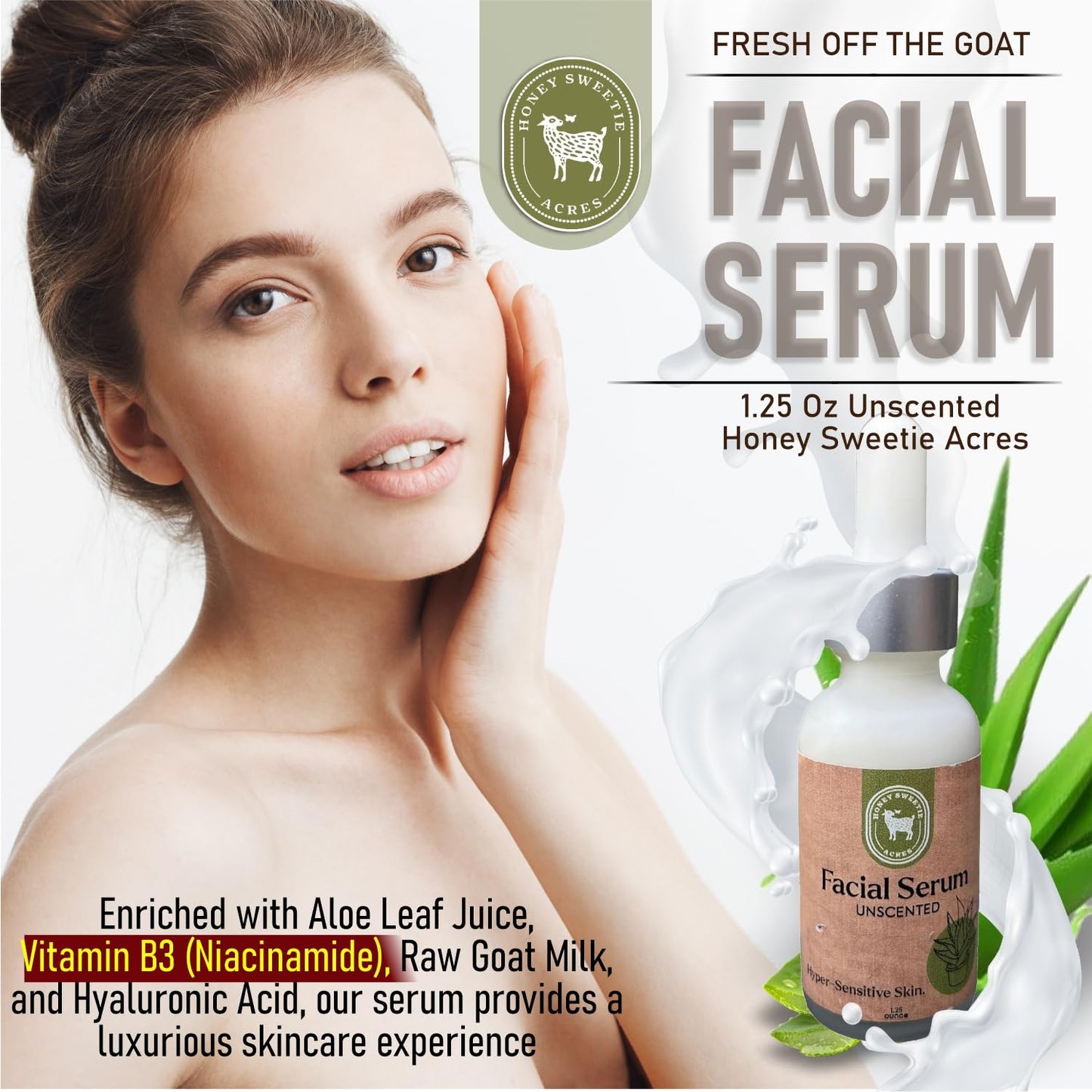 Honey Sweetie Acres Vitamin B Facial Serum with Aloe, Niacinamide, Raw Goat Milk, and Hyaluronic Acid – 1.25 oz