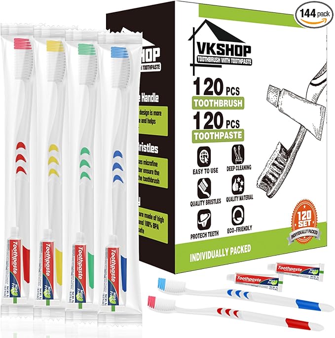 120 Pack Disposable Toothbrushes with Toothpaste, Individually Wrapped for Adults, Travel, Hotel, Donation, Homeless Shelters, OCC Care Packages - Medium Bristle (White)