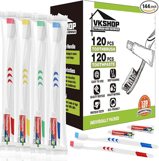 120 Pack Disposable Toothbrushes with Toothpaste, Individually Wrapped for Adults, Travel, Hotel, Donation, Homeless Shelters, OCC Care Packages - Medium Bristle (White)