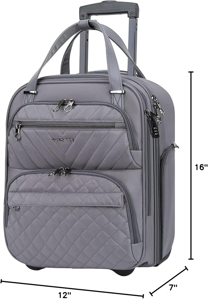 KROSER Carry On Underseat Multi-functional, 16-inch Underseater Lightweight Overnight Suitcase for Men Women, Grey