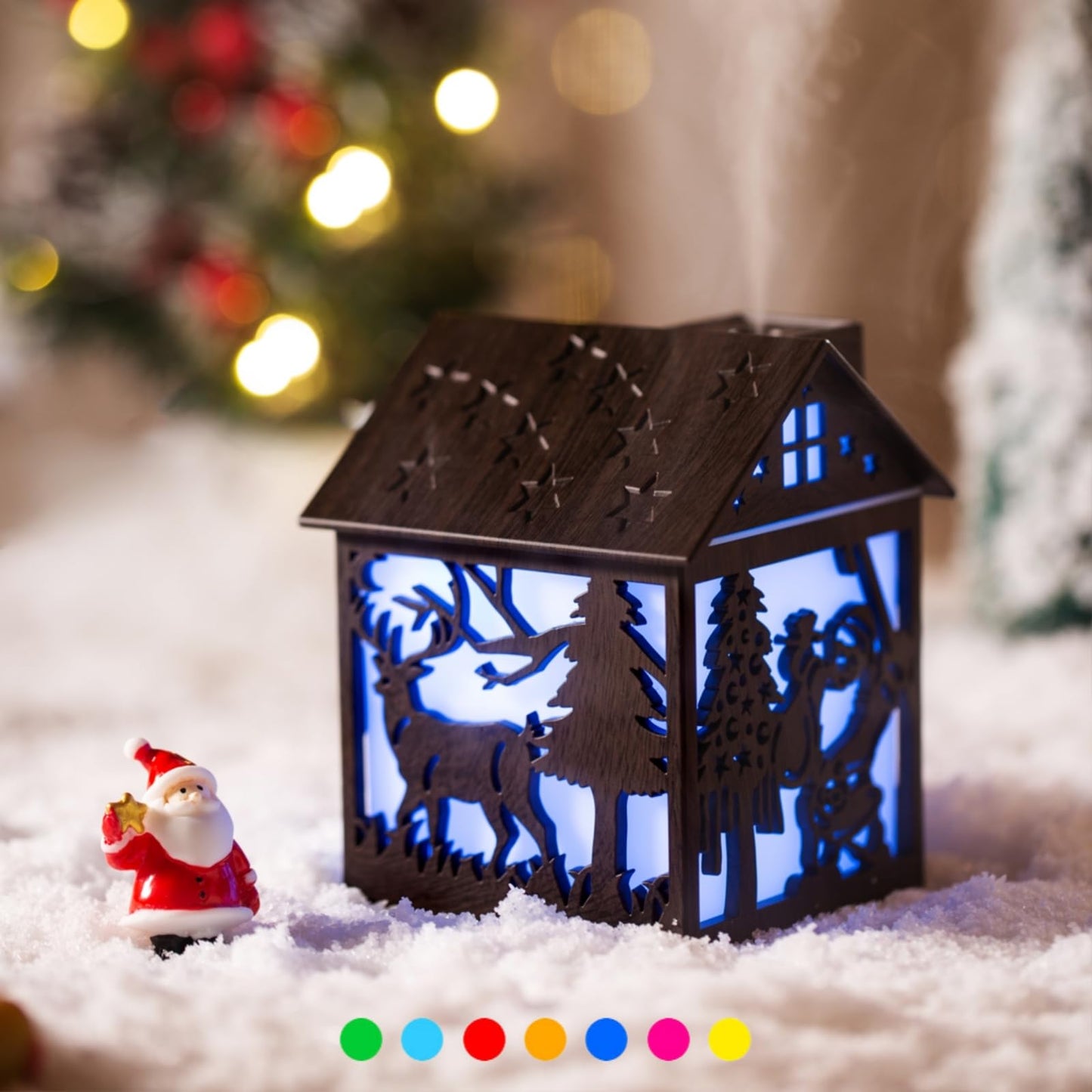 Colorful Cool Mini Humidifier, Cabin styling with Christmas theme，USB Personal Desktop Humidifier 2 Mist Modes, 7 colors,Super Quiet Perfect for Baby Bedroom, Office (Darkwood)