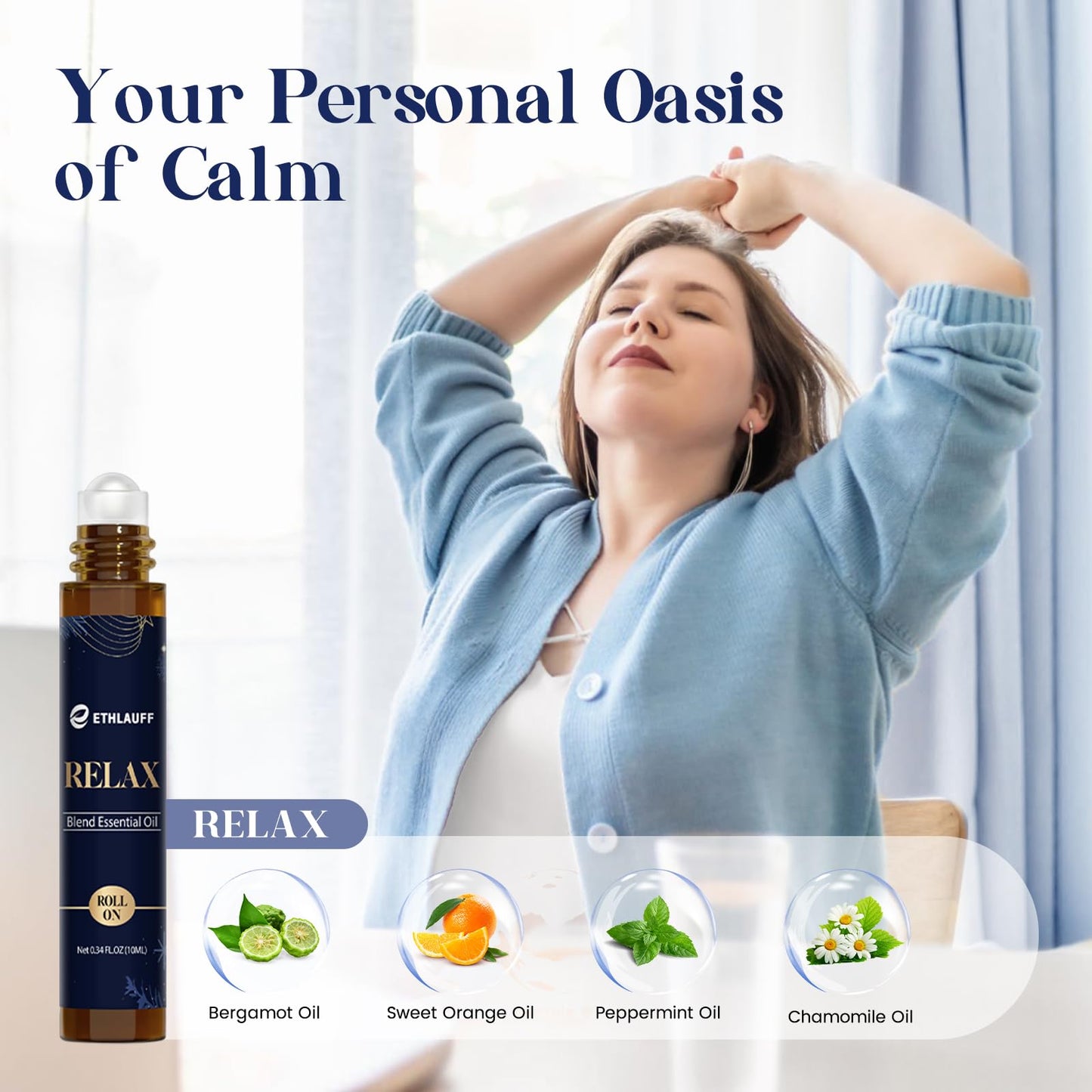 Ethlauff Essential Oil Roller Set, (Sleep, Relax, Happiness) Aromatherapy Roll On for Body Skin Care, Home - Natural Aromatherapy Gift, Relaxtion Gift, Stress Relief Gift for Women and Men