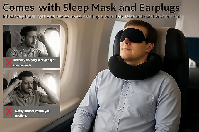 Travel Pillow, Travel Pillows for Airplanes, 100% Pure Memory Foam Travel Neck Pillow with Eye Mask & Ear Plugs, Comfort and Ergonomic Design, Ideal for Airplanes, Cars and Offices
