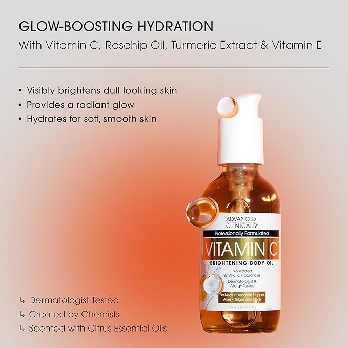 Advanced Clinicals Brightening Vitamin C Body Oil For Women & Men | Vitamin C Glow Oil Skin Care Body Moisturizer With Vitamin E + Botanicals To Help Improve Look Of Dark Spots + Dry Skin, 3.8 Fl Oz