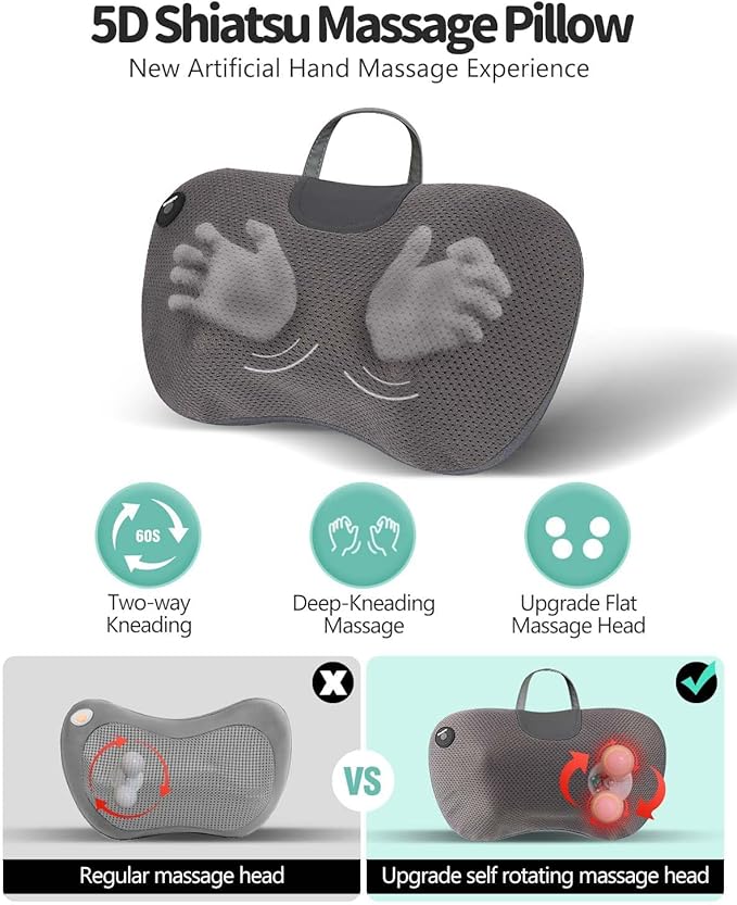 Back Massager Pillow for Pain Relief Deep Tissue - Shiatsu Kneading Neck and Shoulder Massager with Heat - Protable Electric Massage Pillow with Carry Handle - Gift for Women/Men