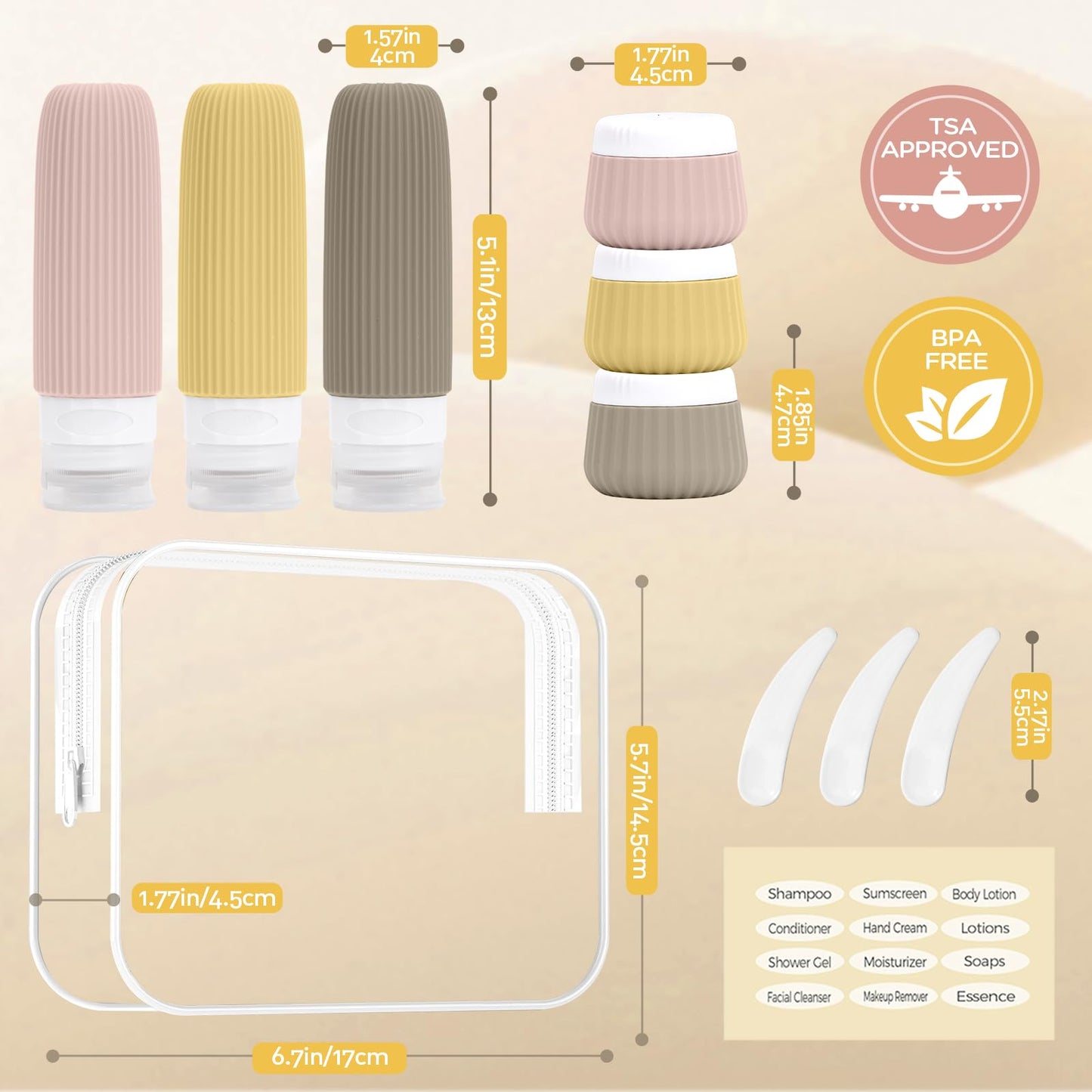 YIIMER Travel Bottles for Toiletries 6 Pack, TSA Approved Travel Size Toiletries Containers Set, 3 Silicone Leak Proof Refillable Bottles and 3 Creams Jars Accessories Kit W/Clear Bag（Apricot）