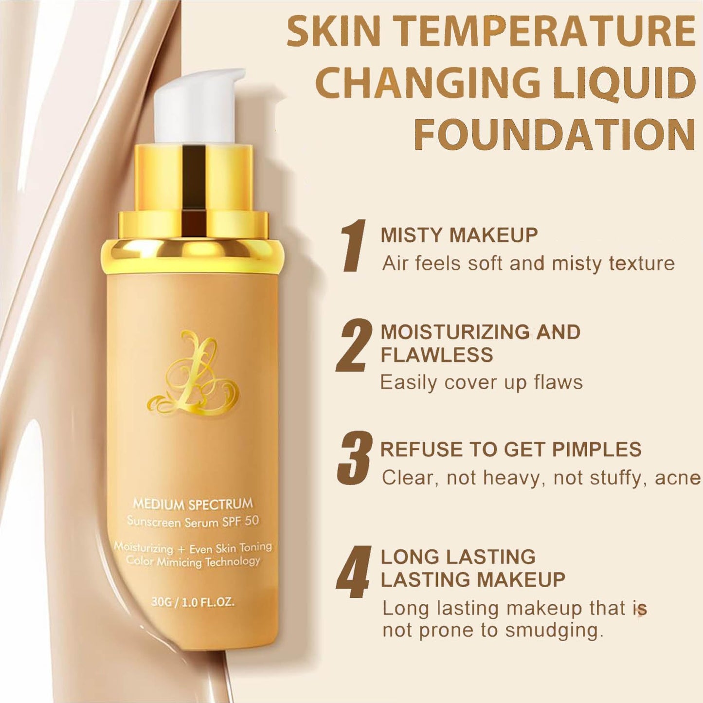 4 In 1 Color Changing Foundation,Korean Skin Care,Waterproof & Hydrating Base De Maquillaje,Full Coverage & Long Lasting (Pack of 1)