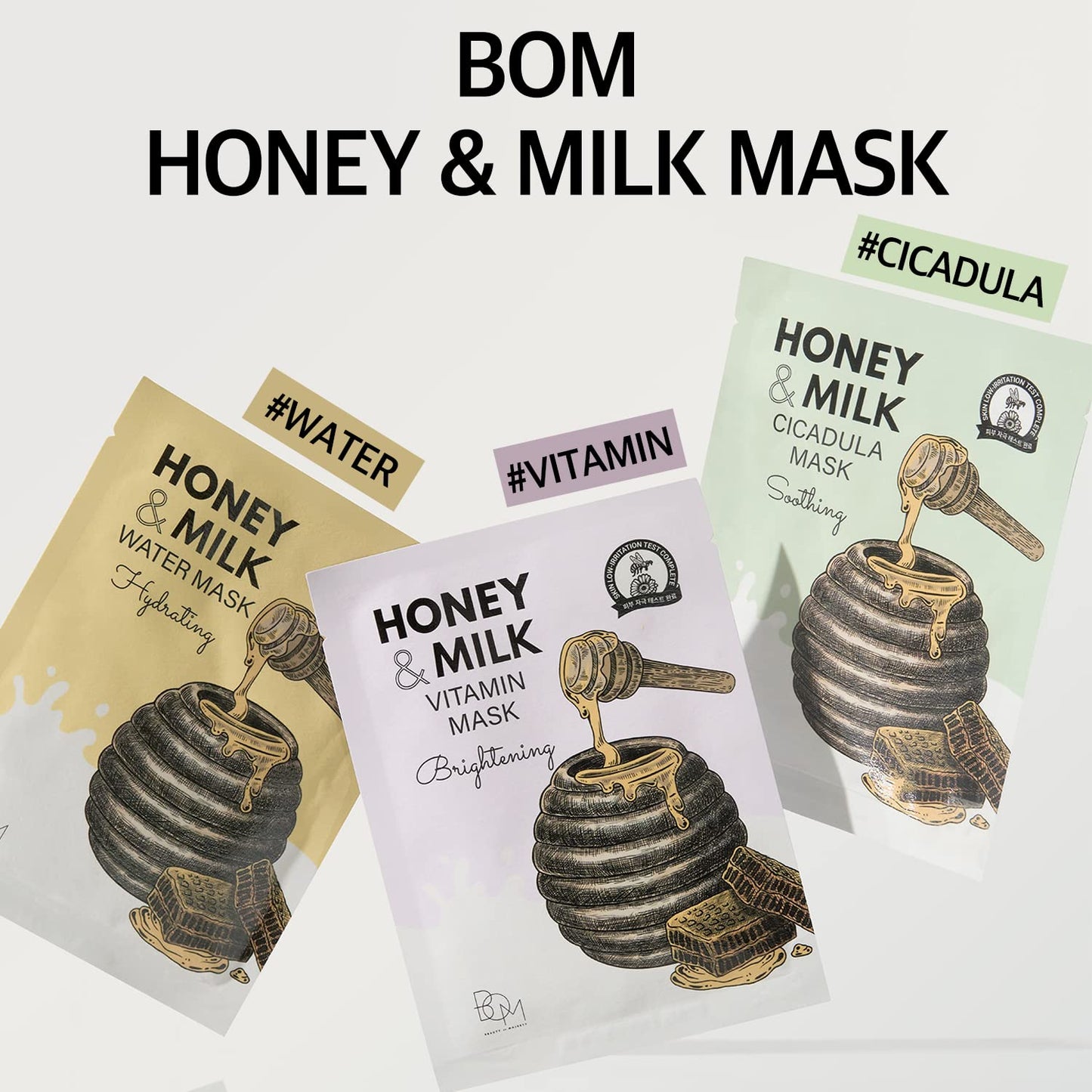 bom COSMETICS Honey & Milk Vitamin Mask 10ea 0.84 oz Deep Hydration, Sensitive Skin Friendly Hypoallergenic Sheet Mask With Honey & Milk Extract & 13 Vitamins, Korean Skincare Face Mask