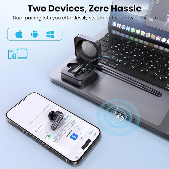 Bluetooth Headphones 5.3 Wireless Earbuds 2-in-1 Case and Phone Stand Noise Cancelling Earbuds Powerful Bass in-Ear Bluetooth 70H Playtime 35dB Hybrid ANC Waterproof for Sports/Workout Gray