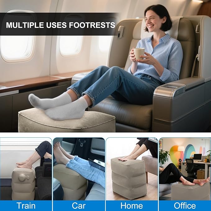 Inflatable Travel Foot Rest Pillow, 2 Pack Airplane Foot Rest Pillows, Portable Inflatable Leg Rest Pillow Flights Seat Extender with Storage Bag for Plane, Car, Train (2Pack Grey)