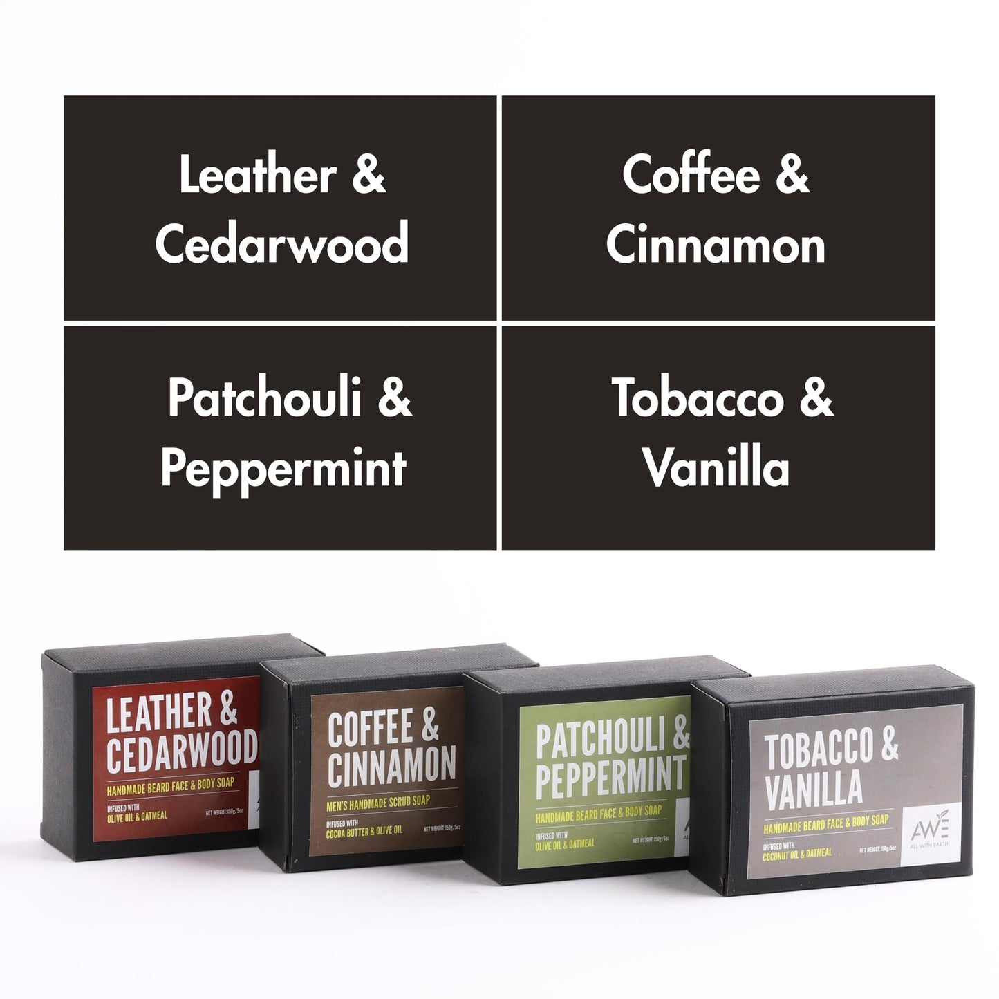 All With Earth Men’s Moisturizing Scrub Soap Set of 4 Handmade Natural Bars Rugged Masculine Scents Deep Cleanse Hydrate Nourish Face Beard Body (Option 2)