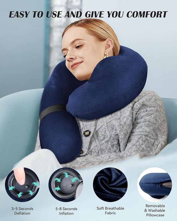 Inflatable Neck Pillow for Travel, Travel Pillow Support Head and Neck, Travel Neck Pillow for Airplane,Train,Car,Office,Home,Washable Cover (Blue)