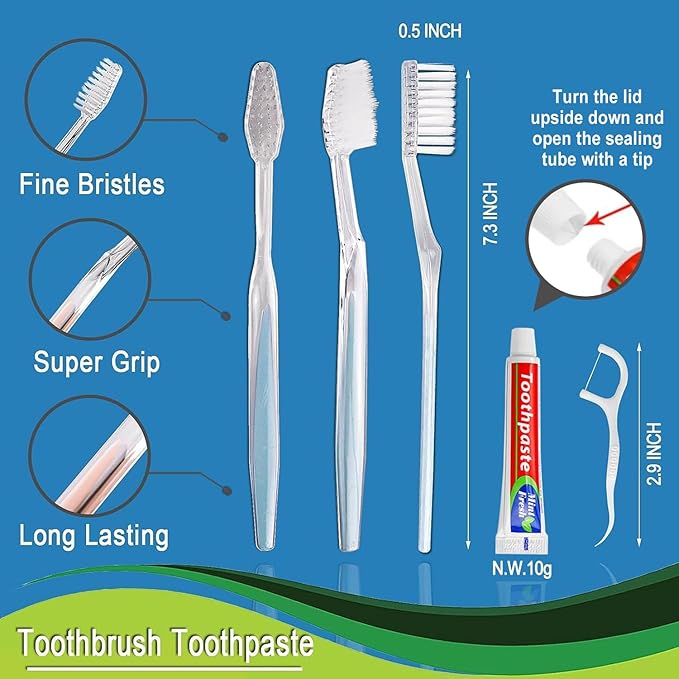 50pcs Disposable Toothbrushes with Toothpaste Floss Individually Wrapped, 2 Color Disposable Toothbrush, 10g Toothpaste, Dental Floss Pick, Bulk Toothbrush Kit for Homeless,Airbnb,Hotel
