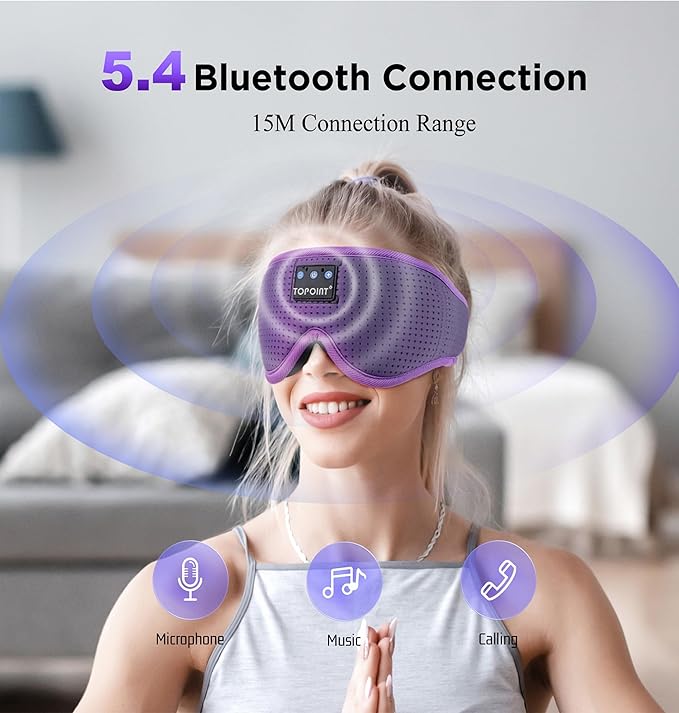 TOPOINT Sleep Mask with Bluetooth Headphones Wireless, 3D Eye Mask for Sleeping Headphones Women Men with Noise Canceling Earbuds, Thin Speaker, Blackout, 15 Hours for Travel, Meditation, CPAP Users
