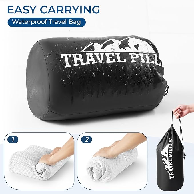 Travel Pillow Memory Foam Pillows, Ergonomic Wave Cervical Neck Pillow for Neck Pain Relief, Compressible Medium Firm Side Sleeper Pillow, Ideal for Camping, Office, Home & Bed (White, M)