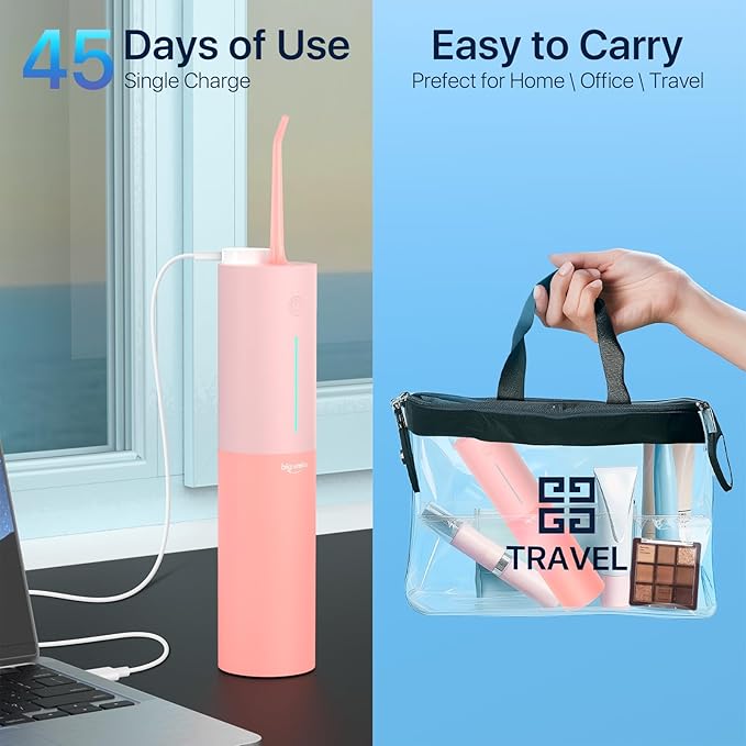 Bigsmile Pink Water Flosser Powerful Cordless Dental Irrigator for Kid Braces Travel Shower to Help Prevent Infections and Bad Breath Pick Floss IPX7 200ML (Pink)