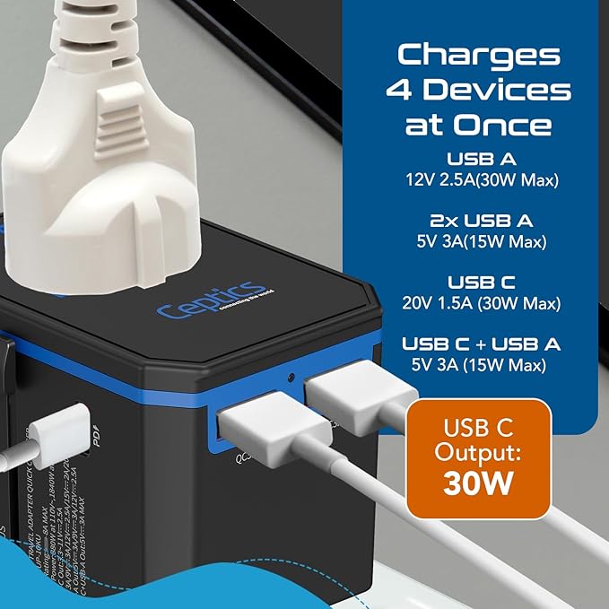 Ceptics International Power Adapter, World Travel adapter w/ PD 30W USB-C - 2 USB-A Ports Universal Adapter, Type A C G I Output for worldwide use, UP-10KU