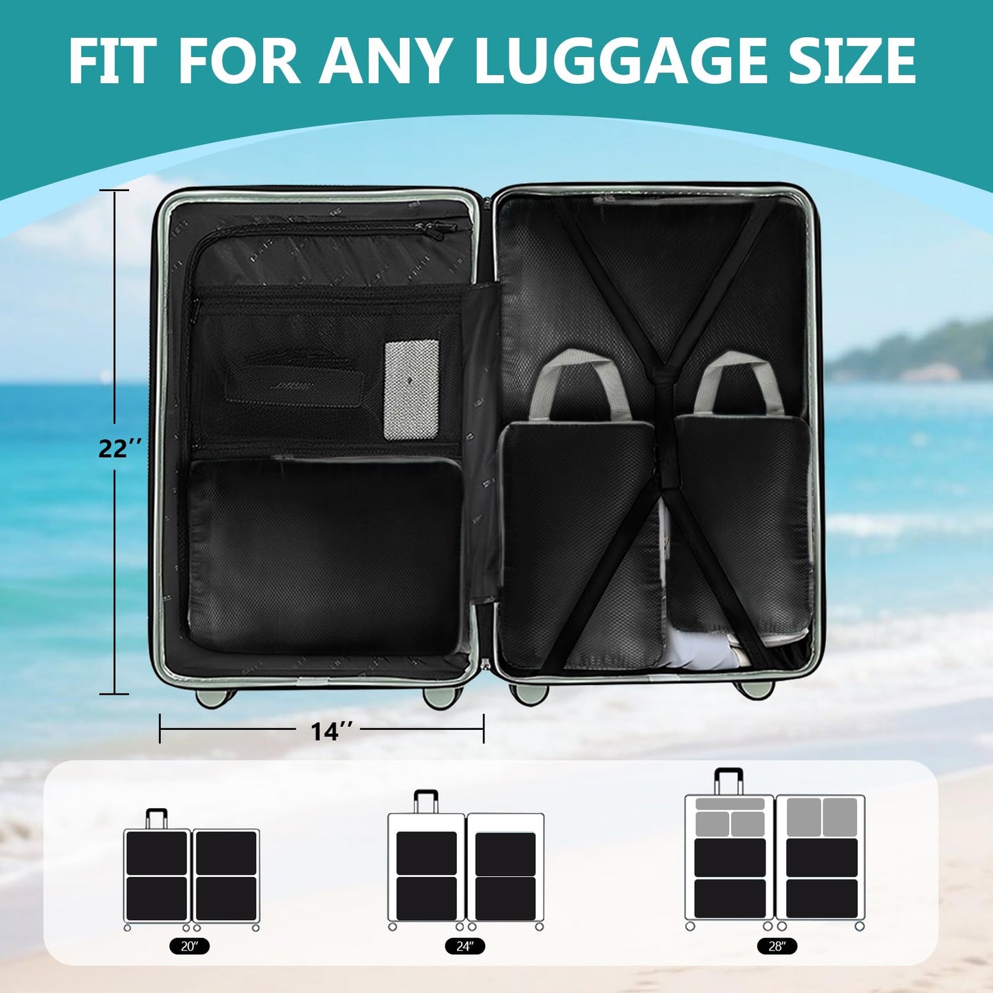 Compression Packing Cubes for Travel, 4 Set Suitcase Organizer Bags for Luggage, Lightweight Luggage Organizer Bags, Travel Cubes for Carry on，Black