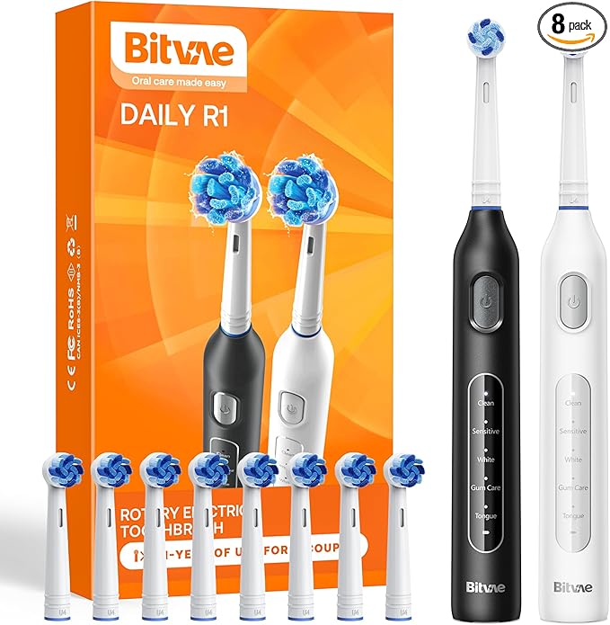 Bitvae Rotating Electric Toothbrush 2 Packs for Adults and Kids, 8 Brush Heads 60-Day Battery Life, 5 Modes Power Toothbrush with 2-Minute Smart Timer, Black & White, R1