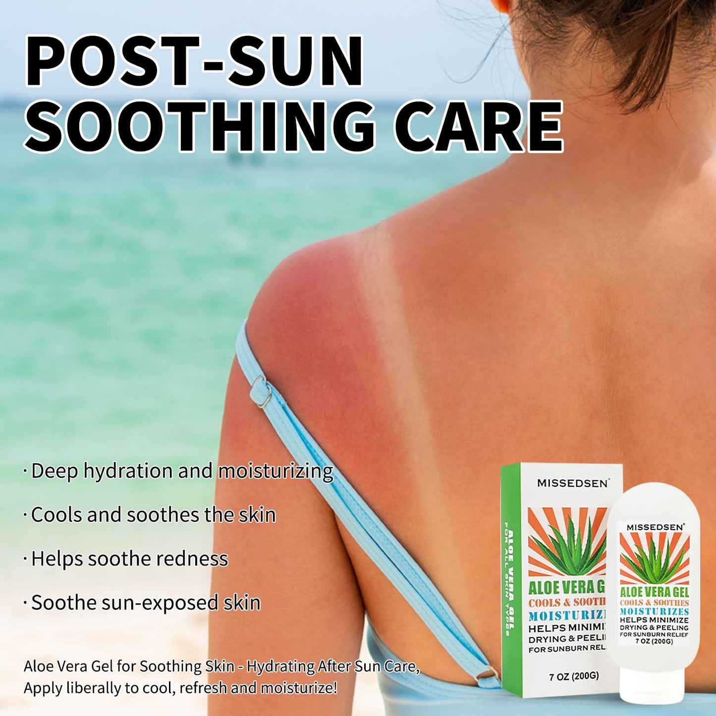 MISSEDSEN Pure & Organic Aloe Vera Gel for Sunburn Relief, After Sun Lotion for Face & Body Skin Care, Daily Facial Moisturizer & Acne Spot Treatment 7 OZ