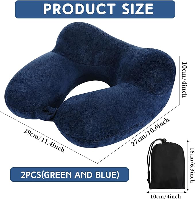 Sintuff 2 Pack Inflatable Travel Pillow for Airplanes Inflatable Neck Flight Pillows with Compact Bag and Blindfold for Traveling, Airplane, Train, Car, Office(Peacock Green and Blue)