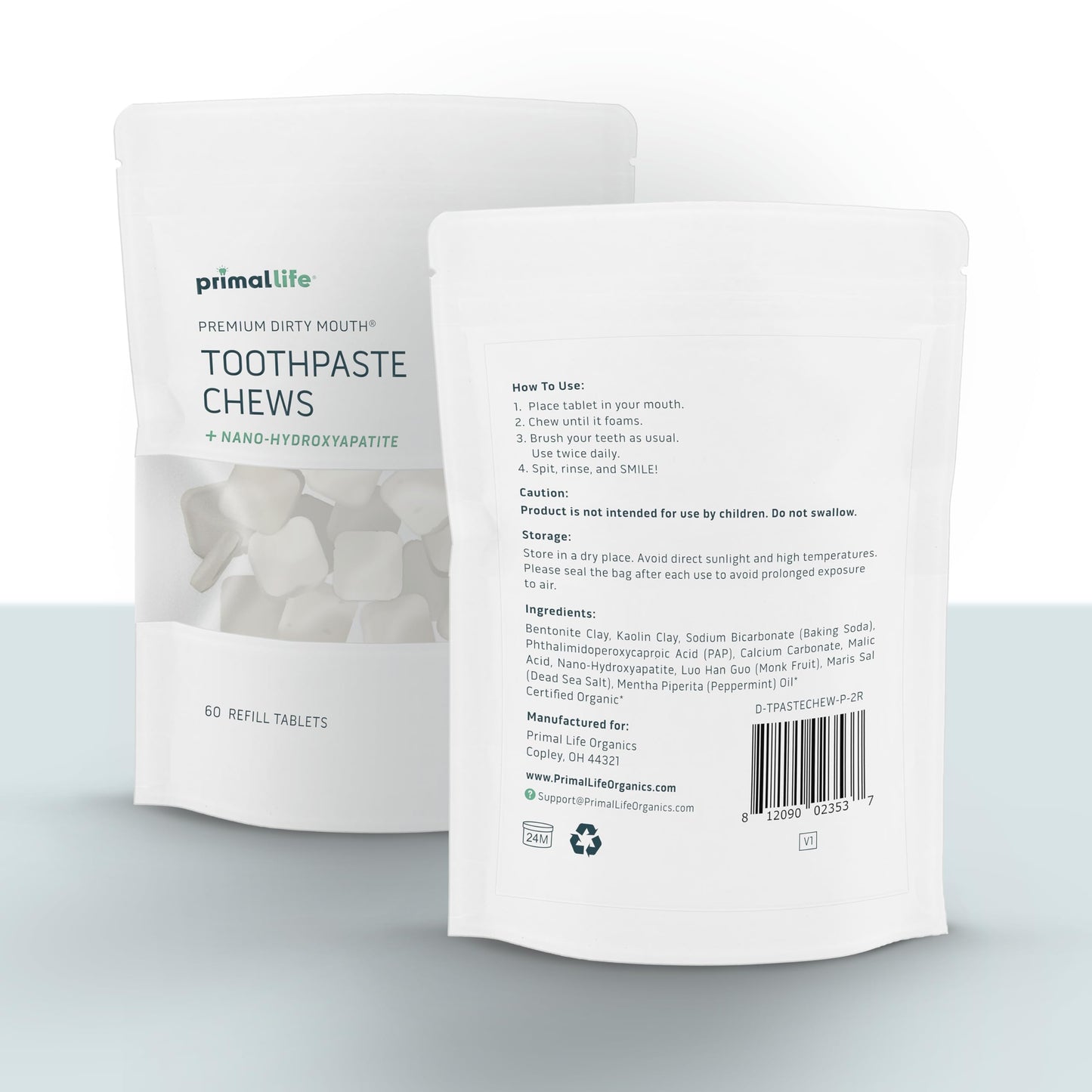 Primal Life Organics Premium Dirty Mouth Toothpaste Chews – Nano-Hydroxyapatite Whitening Toothpaste Tablets for Adults - Gluten Free, Vegan, Paleo - 60 Tablets in Bag - Polished Peppermint