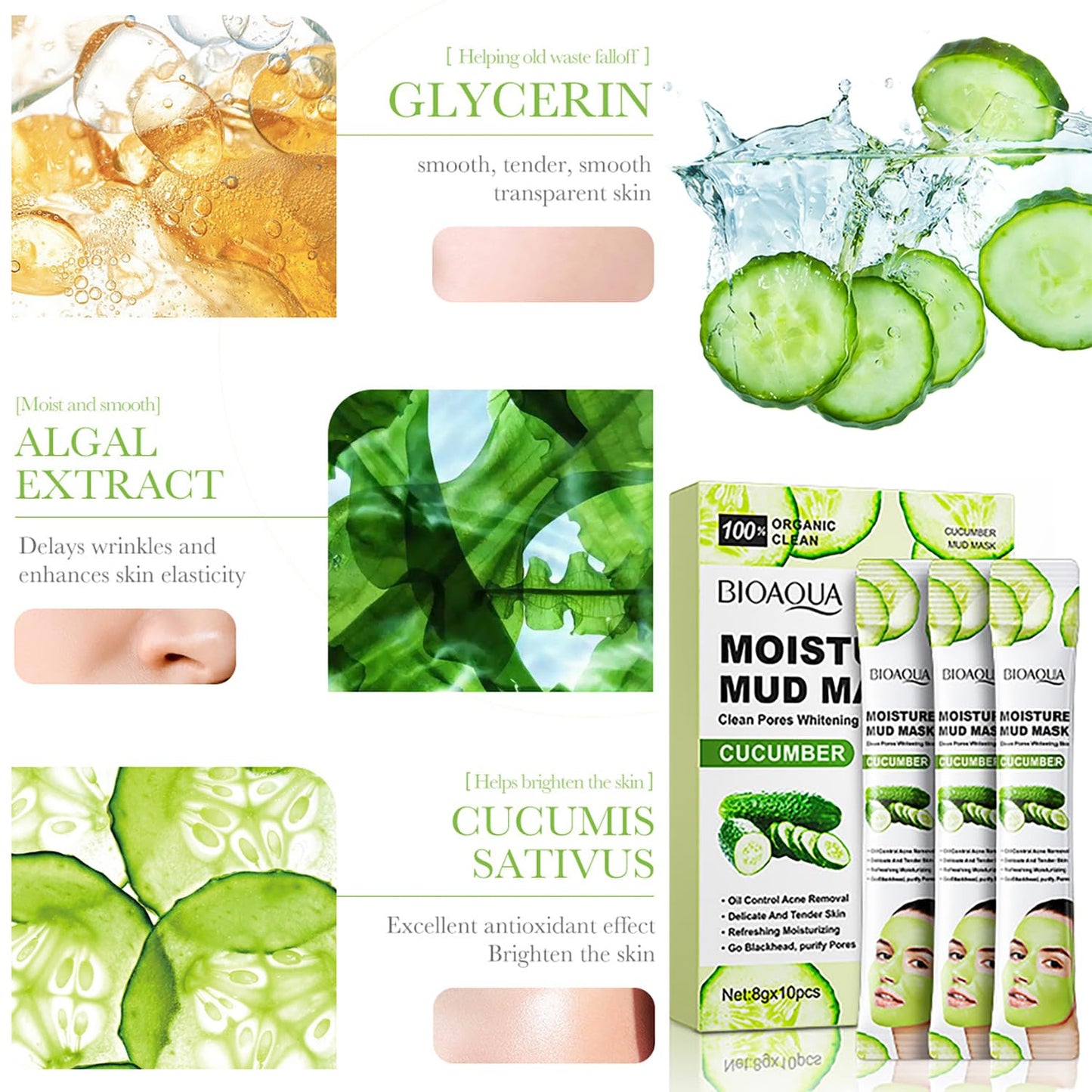BIOAQUA Cucumber Moisturizing Facial Mud Mask Clean Pores Oil Control Refreshing Face Skin 8g x 10pcs