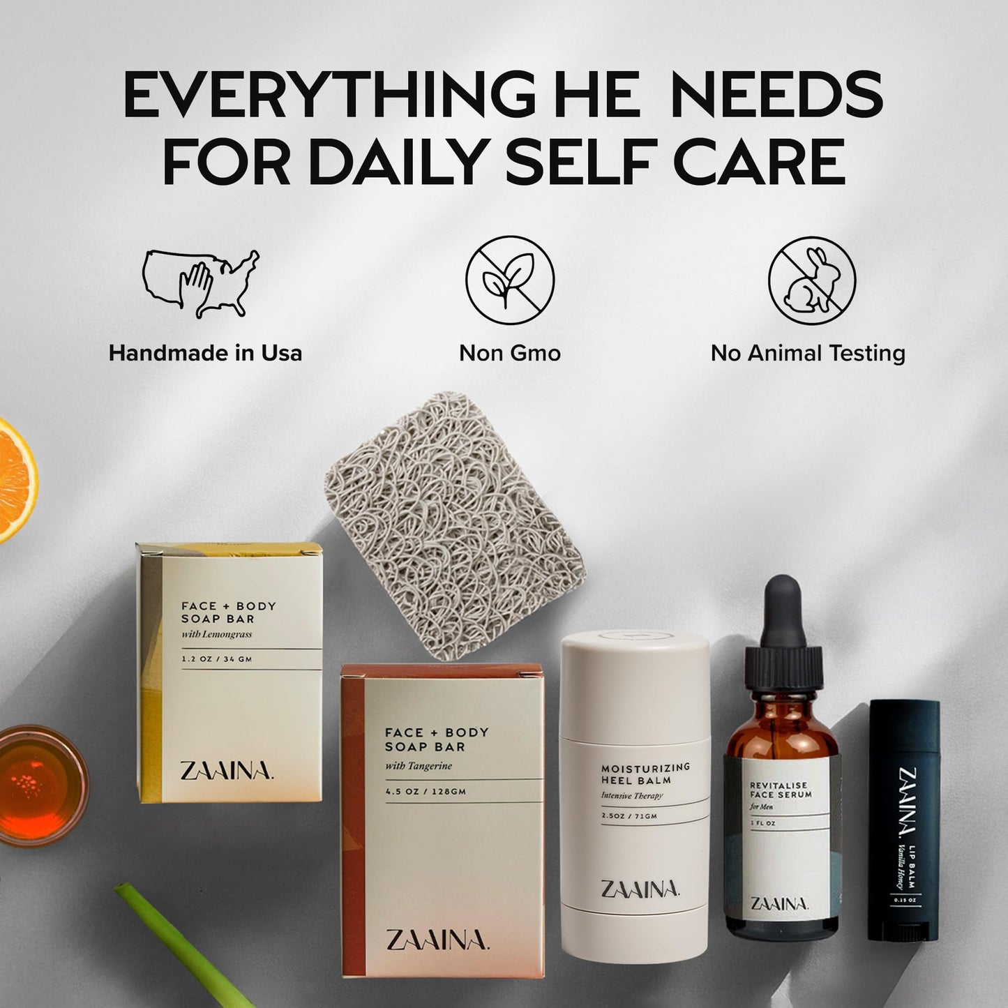 ZAAINA Men’s Self Care Kit – Luxury Spa Gift Set for Men with Face Serum, Soaps, Heel Balm & Lip Balm – Natural Grooming Care Package for Men – Birthday & Relaxation Spa Kit (Deluxe Set)