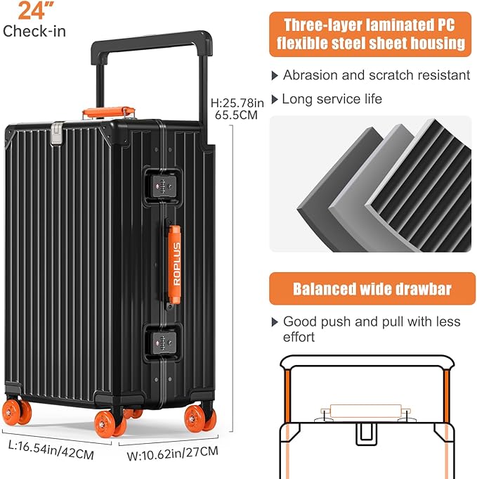 Aluminium Frame Checked-Luggage with Smooth Jelly Wheels, Hardside Zipperless Rolling Suitcase with TSA Lock (Black, 24-Inch)