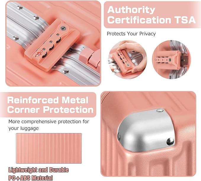 AnyZip Carry On Luggage Aluminium Frame Suitcase PC ABS Hard Shell TSA Lock No Zipper 20In Sakura Pink